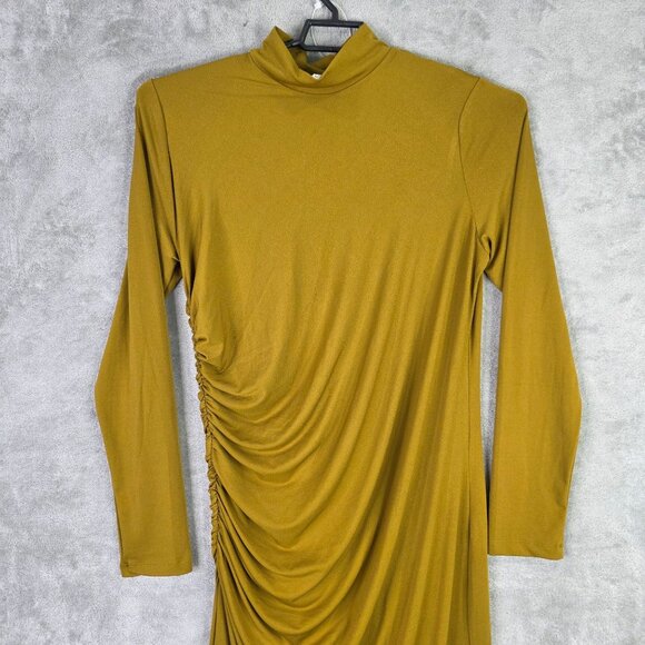 Womens H&M Yellow Ruched Midi Dress Turtleneck Long Sleeve Polyester Stretch XL - Picture 3 of 12